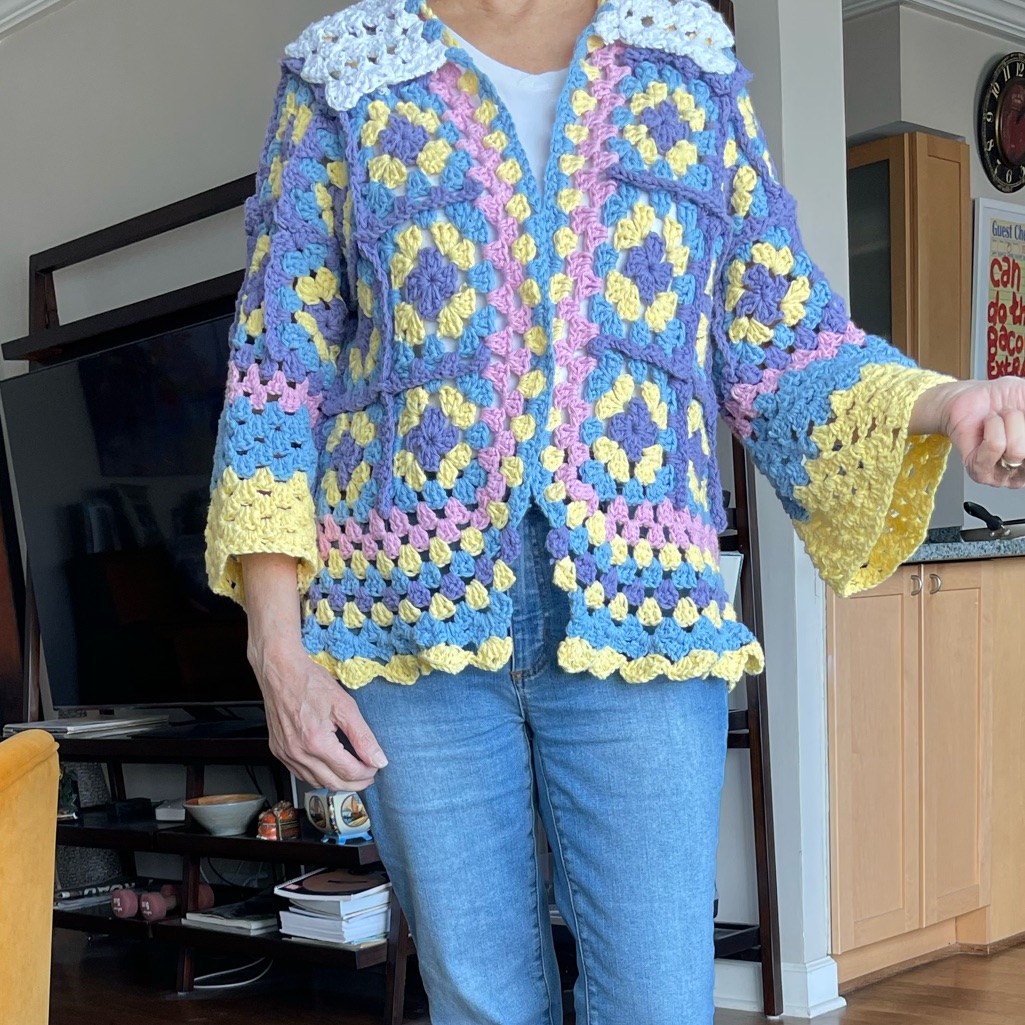 Vintage Granny Square Cardigan 100% Cotton Knit Size M